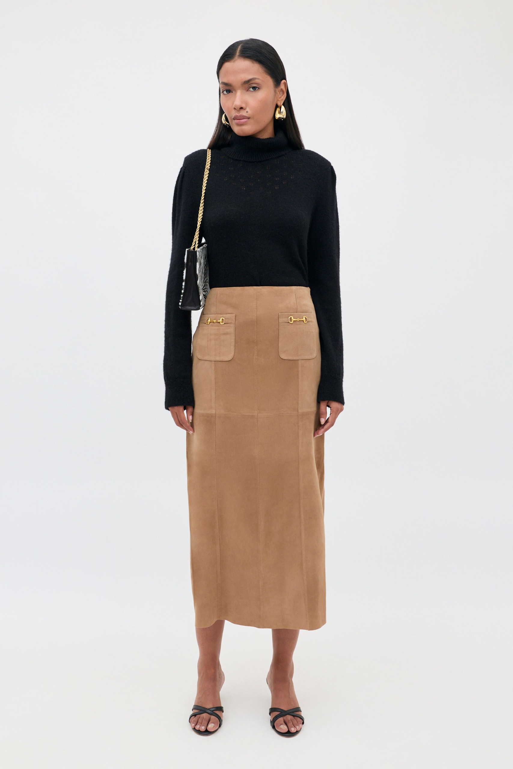 Edwina Suede Midi Skirt in Brown Camel