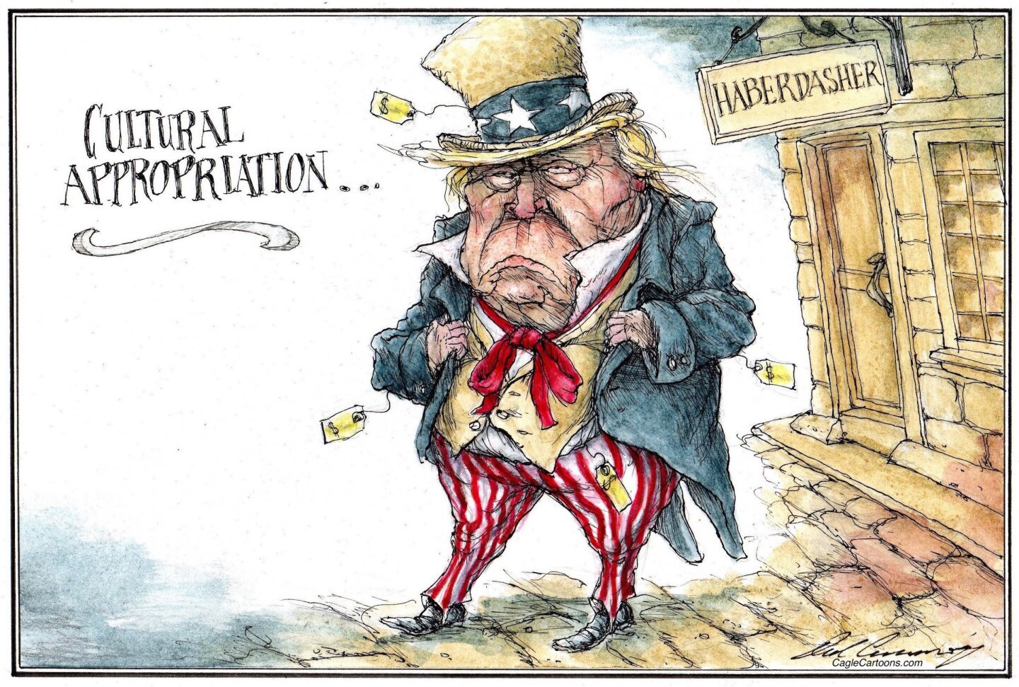 This editorial cartoon is titled “Cultural Appropriation”. It shows Donald Trump trying to dress like Uncle Sam. He’s just walked out of a store labeled “Haberdasher” and all of his clothes have price tags because they have been newly purchased.