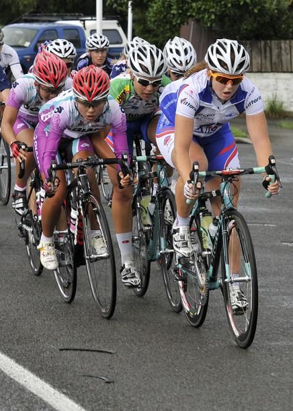 Japanese riders attempt to box in Kirsty Broun before the first sprint of the day.