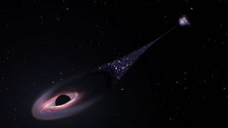 An illustration of a runaway black hole ejected from its host galaxy and followed by a trail of infant stars.