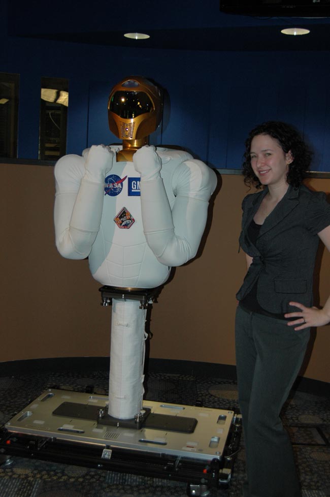 Robonaut 2A poses for a photo with LiveScience Senior Writer Stephanie Pappas. NASA&#039;s Robonaut 2 is the first humanoid robot to be tested in space on the International Space Station. 