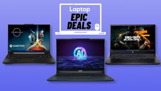 Asus TUF Gaming A16, MSI Stealth 16 AI, and HP Victus 15 gaming laptops against orange and pink gradient background with epic deals laptop logo badge.