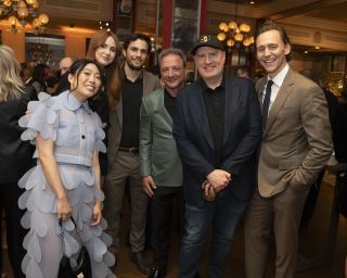 Karen Gillan with Kevin Feige, Awkwafina, Louis D'Esposito and Tom Hiddleston