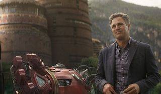 Avengers: Infinity War Mark Ruffalo Bruce Banner standing next to an arm of the Hulkbuster