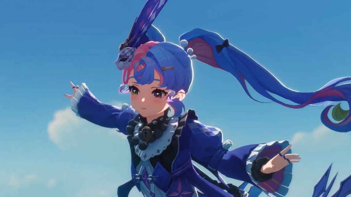 Roccia, a feminine character with purple and pink hair in Wuthering Waves&#039; 2.0 reveal video.