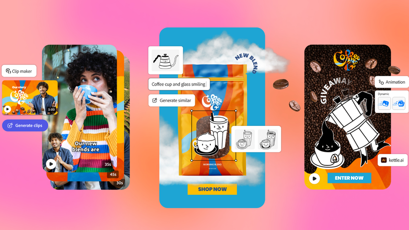 Adobe Express new tools with three options against a pink-orange background