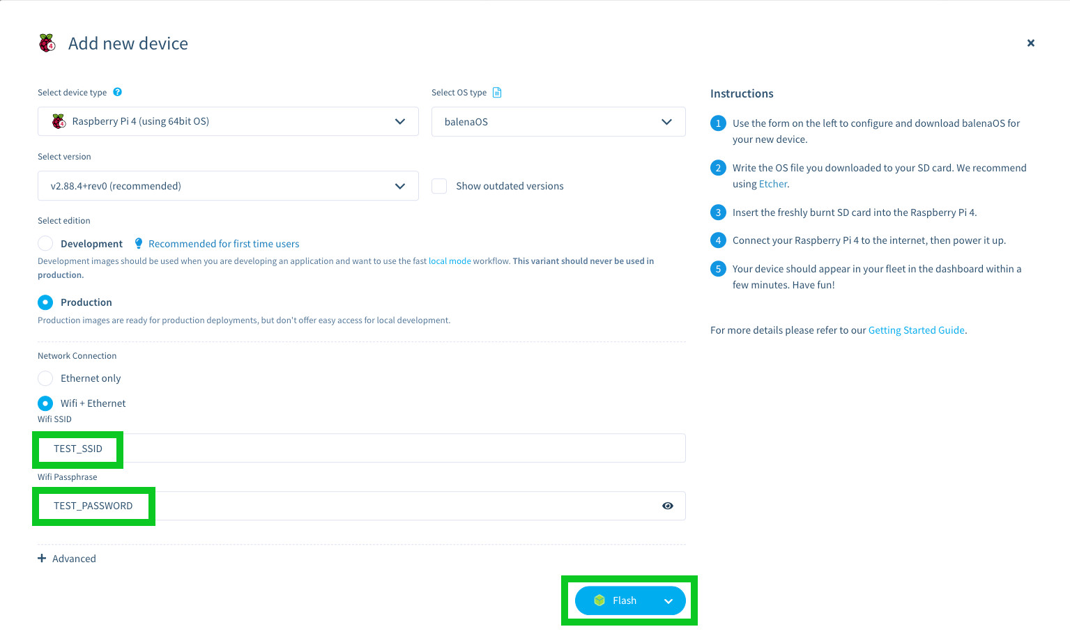 balenasound cloud dashboard: provisioning a device OS image