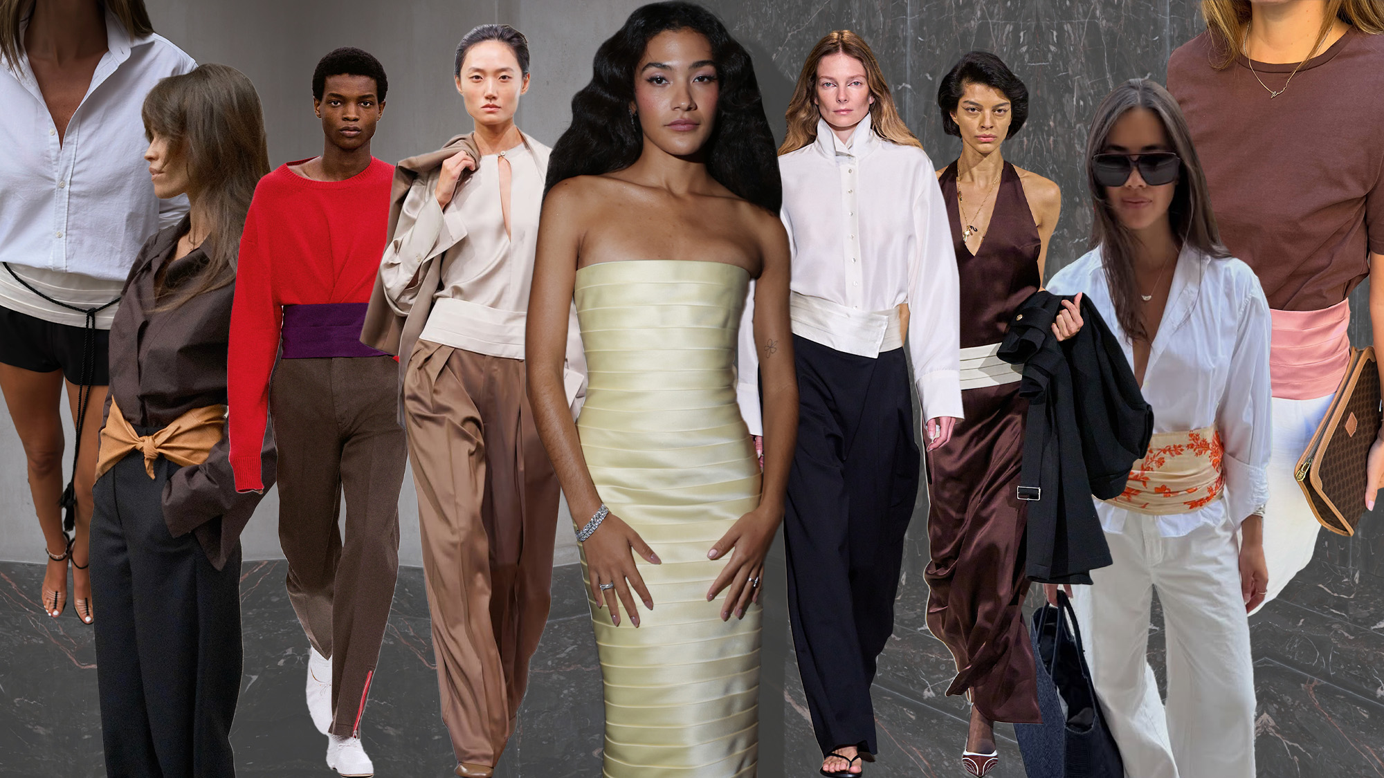 A collage of the cummerbund fashion trend, as spotted on the runways, celebrities and tastemakers.