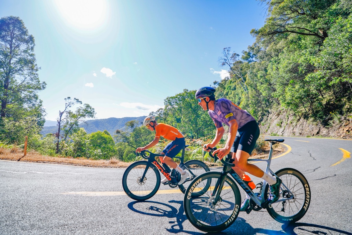 Levi Hone and Mark O&#039;Brien out front on Mt Buffalo at the 2025 Tour of Bright