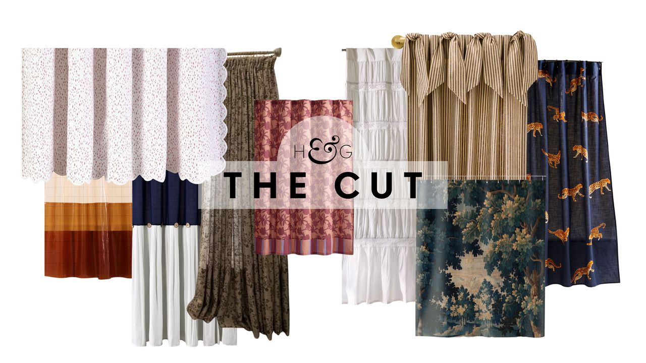 Collage of stylish shower curtains pictured against a white background, featuring stripes that span speckles, stripes, florals, nature scenes, and more.