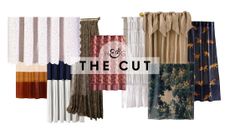 Collage of stylish shower curtains pictured against a white background, featuring stripes that span speckles, stripes, florals, nature scenes, and more.