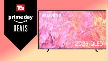 The Samsung Q60C TV on a pink and peach background