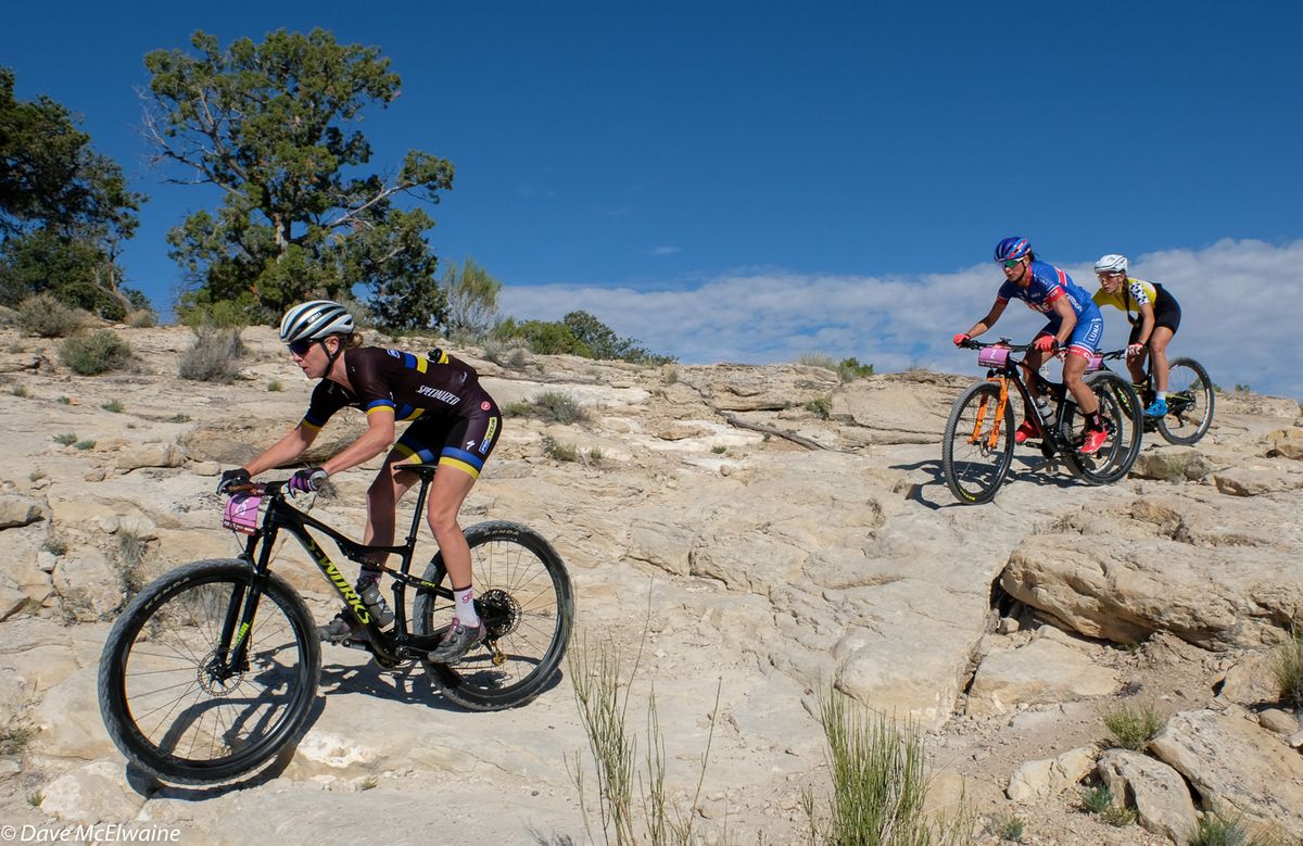 Amy Beisel (Pro Cycling) leading Katerina Nash and Sofia Gomez Villafane after the initial climb out of Grand Junction