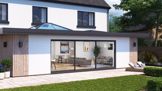 Glass sliding patio doors on a modern home extension 