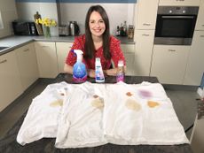 Presenter Laura Crombie tested stain removers from Astonish, Dr Beckmann and Vanish on the Real Homes Show