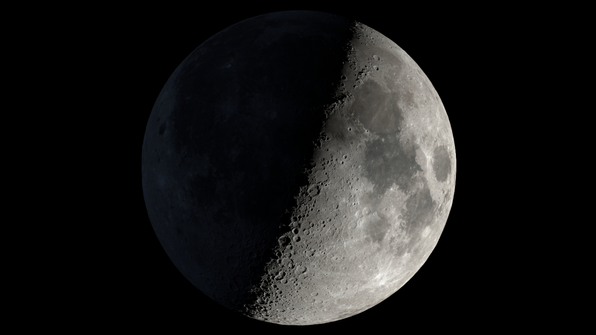 A graphic of the moon is pictured with its right half lit and its left in darkness against a black night sky.