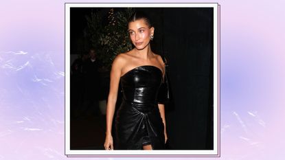 Hailey Bieber leather dress: Hailey Bieber is seen wearing a leather mini dress as she leaves Giorgio Baldi in on August 15, 2023 in Santa Monica, CA, California./ in a purple gradient template