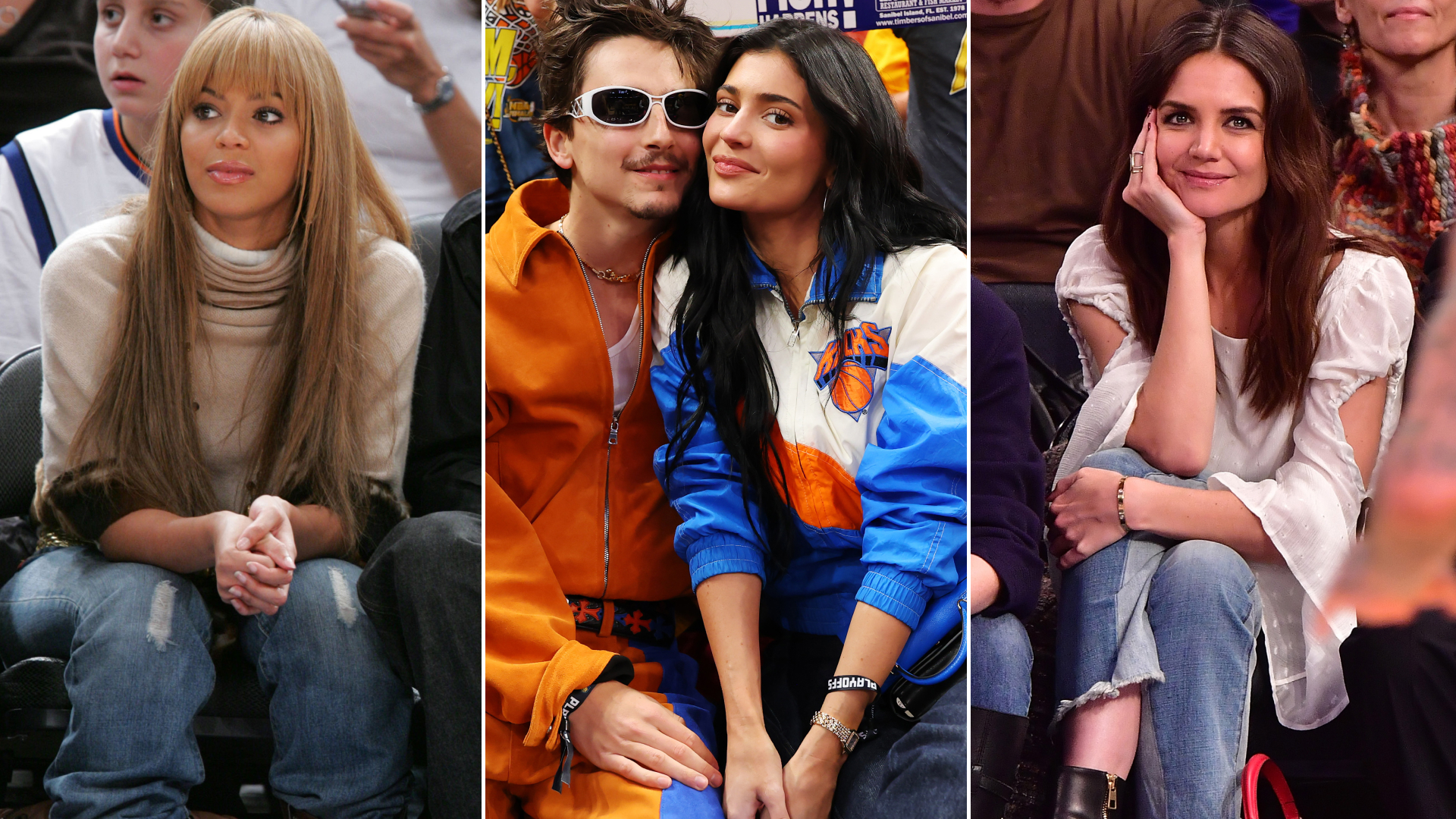 collage of best celebrity courtside looks at a New York Knicks game