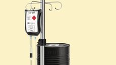 Illustration of an IV stand and blood bag filled with crude oil