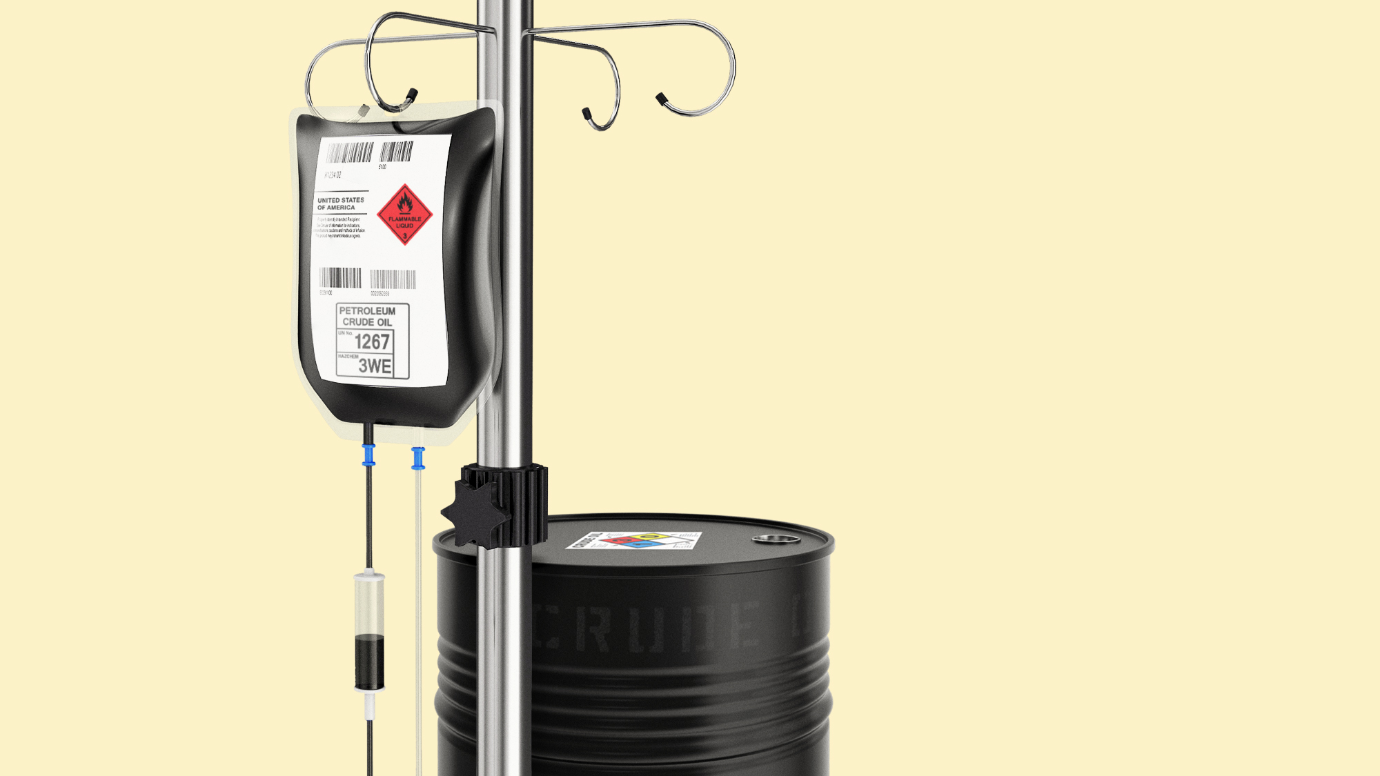 Illustration of an IV stand and blood bag filled with crude oil