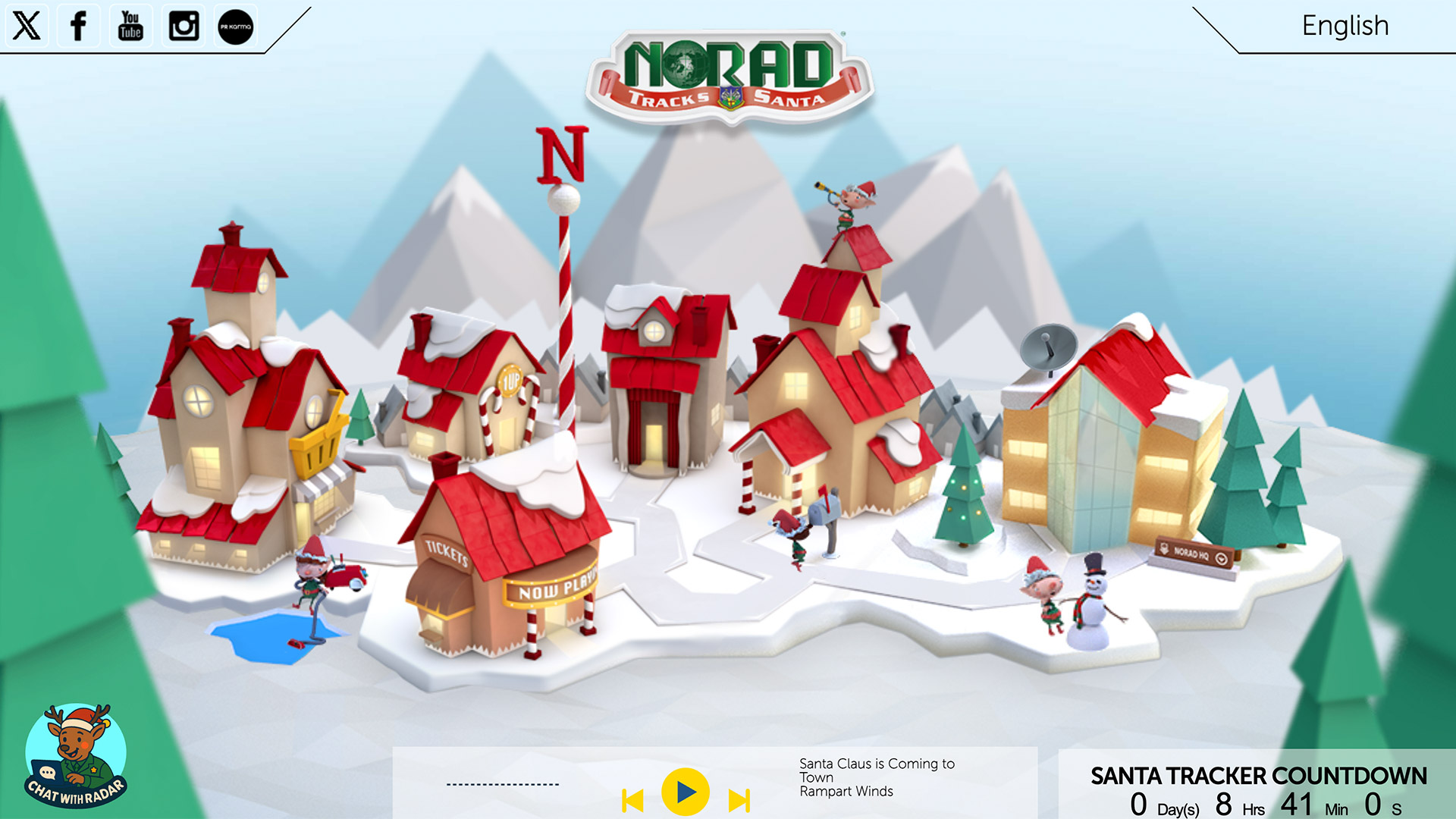 Screenshot showing NORAD's Santa Tracker homepage
