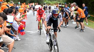 Jonas Vingegaard of Denmark and Team Visma | Lease a Bike - Red Leader Jersey and Thomas Pidcock of Great Britain and Team Q36.5 Pro Cycling compete in the breakaway during the La Vuelta - 80th Tour of Spain 2025, Stage 11 a 157.4km stage from Bilbao to Bilbao / Due to incidents at the finish line, the official times for the GC were taken at 3km from the finish line, there was no stage winner / #UCIWT / on September 03, 2025 in Bilbao, Spain. 
