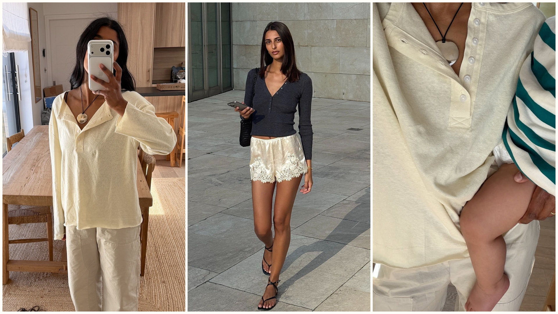 Three fashion people wear the henley T-shirt trend spoken about in this piece. 