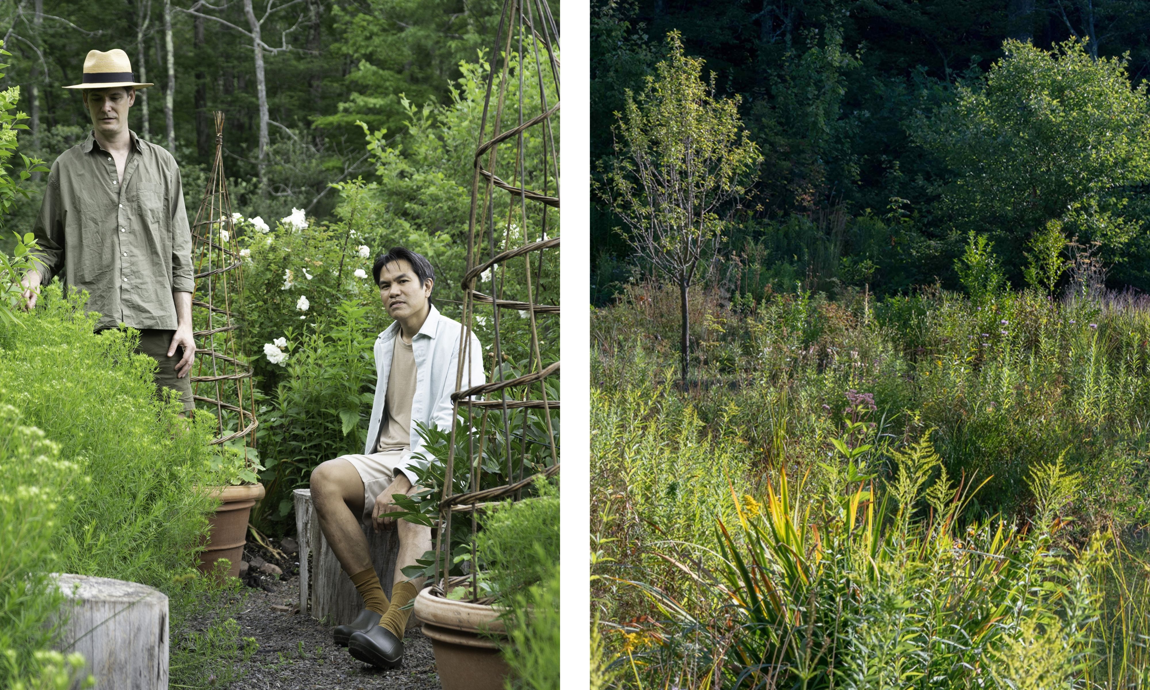 Alan Calpe and Christopher Crawford in their Catskills garden surrounded by dense green perennials and shrubs in summer