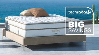 Saatva sales and deals: Saatva Classic mattress in a sunny landscape, with savings flag overlaid