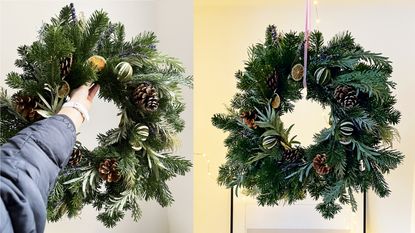 Traditional wreath hung above a mantel with lights