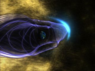 This is an artist's concept of the Earth's global magnetic field, with the bow shock. Earth is in the middle of the image, surrounded by its magnetic field, represented by purple lines. The bow shock is the blue crescent on the right. Many energetic particles in the solar wind, represented in gold, are deflected by Earth's magnetic "shield".