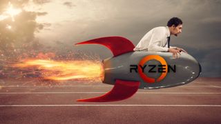 A man riding a rocket with the AMD Ryzen logo on the side