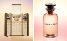 Louis Vuitton fragrance trunk next to image of Le Jour Se Leve perfume 