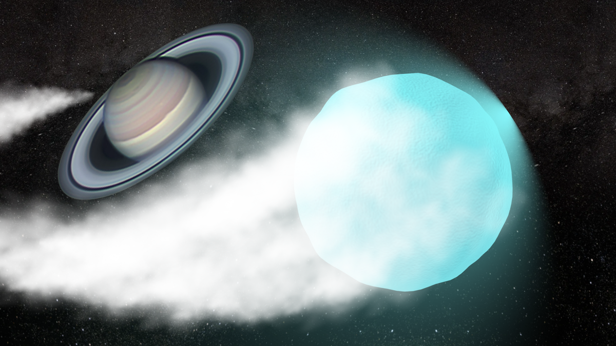 In the forground a irregular light blue sphere trailed by a tail of white smoke there is ringed planet behind it