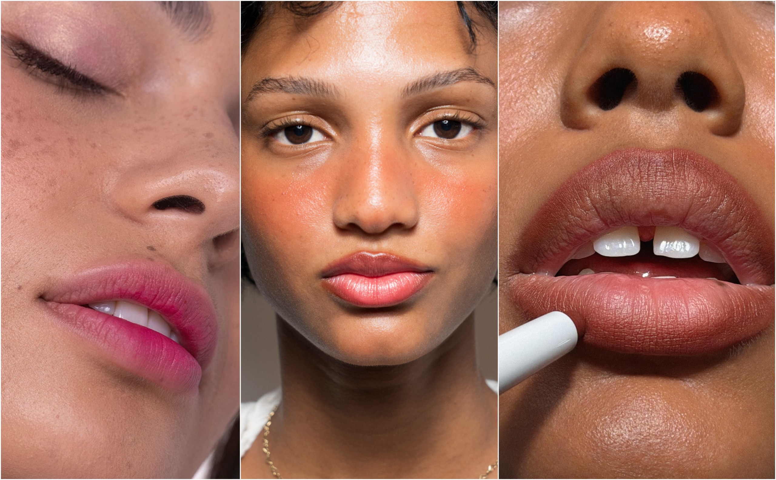 Blurred pink lips on the left, a sheer coral lip in the middle and rosy brown lipstick close up on the right, with a white lip pencil touching the lower lip