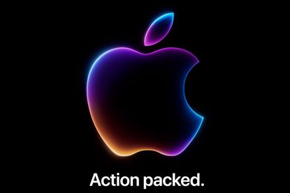 a promotional image for WWDC 2024 featuring a dark Apple logo on a black background