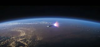 A still from a SpaceX video animation of the company's Starship rocket and Super Heavy booster launching astronauts to Mars, a trip that includes orbital refilling and booster landings.