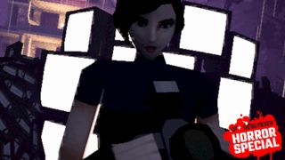 With TV sets lighting her from behind, Sam readies her camera in a cutscene in Heartworm, with the GamesRadar+ Big Preview Horror Special 2025 badge branding