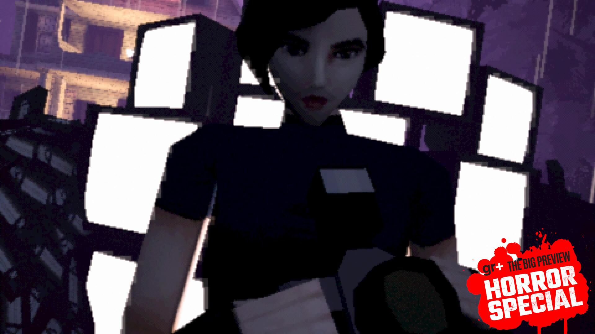 With TV sets lighting her from behind, Sam readies her camera in a cutscene in Heartworm, with the GamesRadar+ Big Preview Horror Special 2025 badge branding