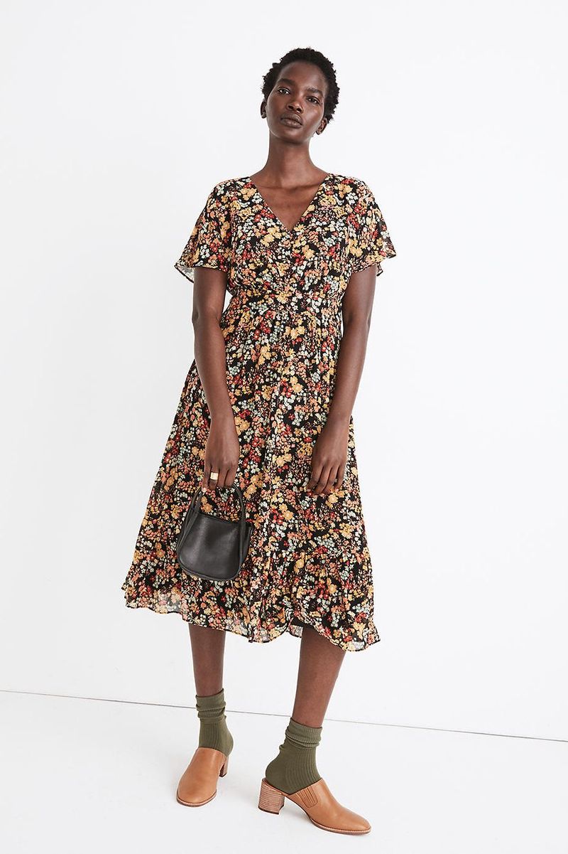 Dolman-Sleeve Ruffle-Hem Midi Dress 