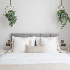 White bedroom with grey headboard and hanging plants above bed