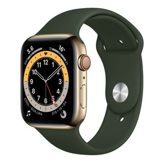 Apple Watch Series 6 (44mm) med grøn rem set på hvid baggrund