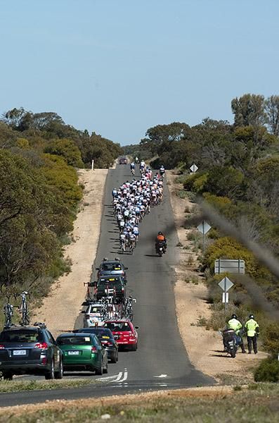 The peloton on the skinny roads the Patchewollock during stage twelve of the tour.
