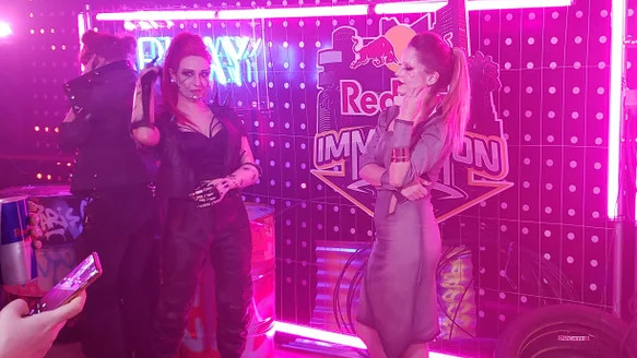 Two cosplayers at the Cyberpunk 2077 nightclub