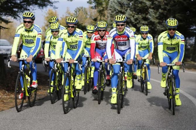Ivan Basso, Alberto Contador, Peter Sagan and Rafal Majka on the front of the group