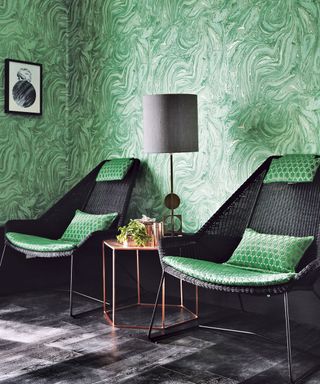 living room with mineral green wallpaper