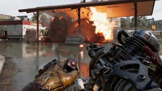 Using a minigun to blast a gas station in Far Cry 6