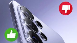 Galaxy S26 Ultra render with thumbs up and thumbs down icons 