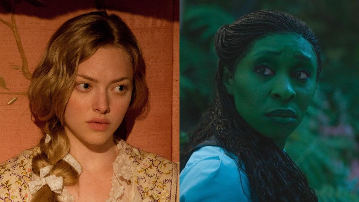 Cosette (Amanda Seyfried) looks pensive in Les Misérables, while Elphaba (Cynthia Ervio) talks to Fieryo in Wicked