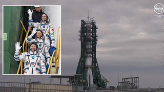 A Soyuz rocket carrying three astronauts is seen on the launch pad with the crew waving farewell in an inset.